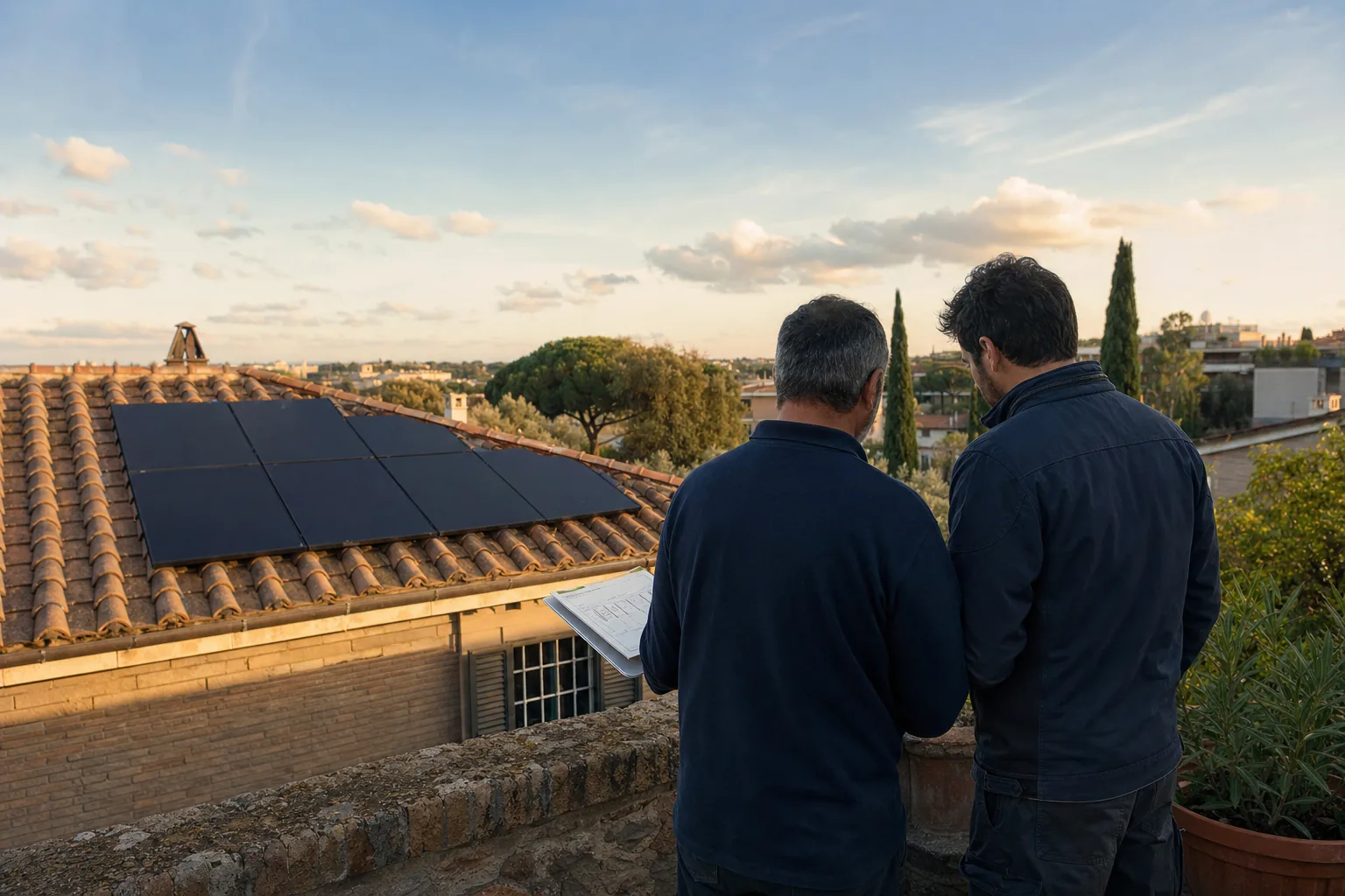 Krov sa solarnim panelima u Roma pri zalazu sunca, s pogledom na grad u pozadini