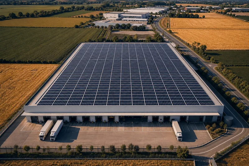 Industrijski skladišni prostor s fotonaponskom krovnom plohi viđen odozgo