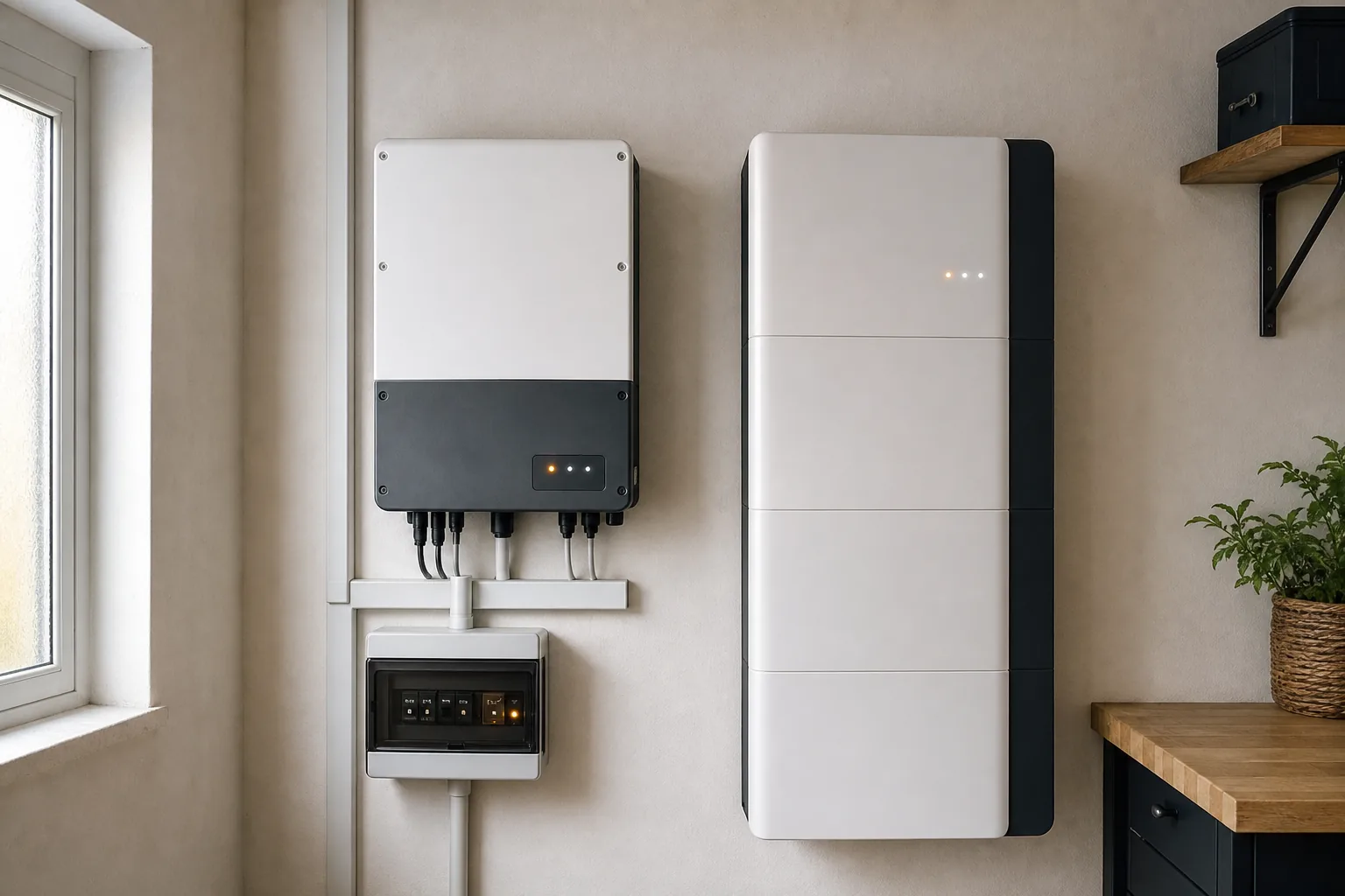 Hibridni inverter i baterija za pohranu energije montirani na zidu u tehničkom prostoru