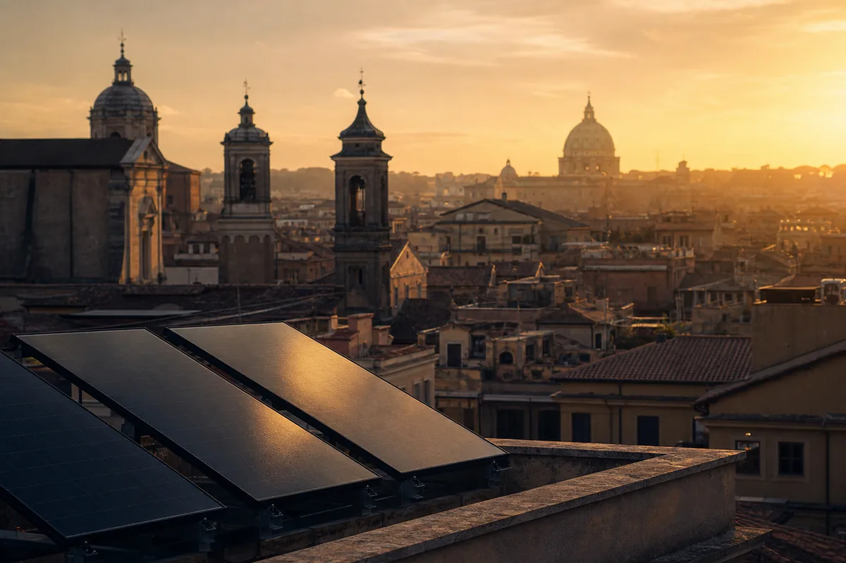 Pogled na krovove Roma pri zalazu sunca s nekoliko solarnih panela u prvom planu